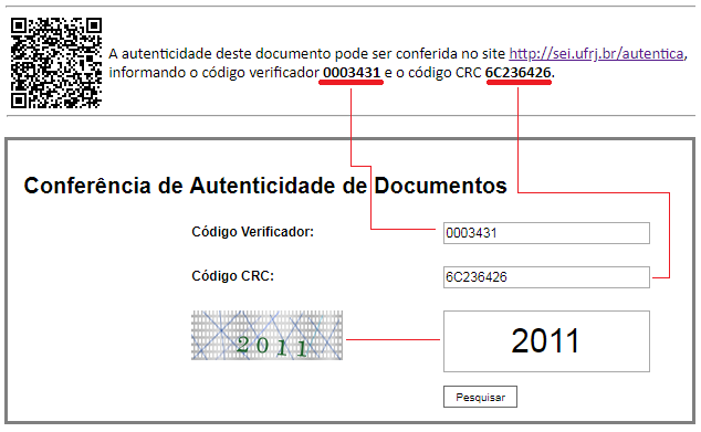 Imagem da tarja de assinatura de um documento eletrônico do SEI com destaque aos códigos verificador e CRC que devem ser utilizados para conferência de autenticidade do documento no sistema.